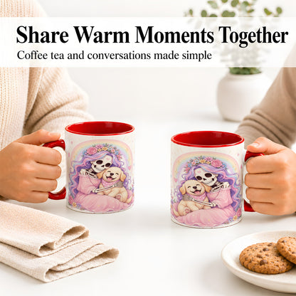 #pl[11oz|Red] Pastel Skeleton Dog Ceramic Mug, Floral Rainbow Art for Dog Lovers