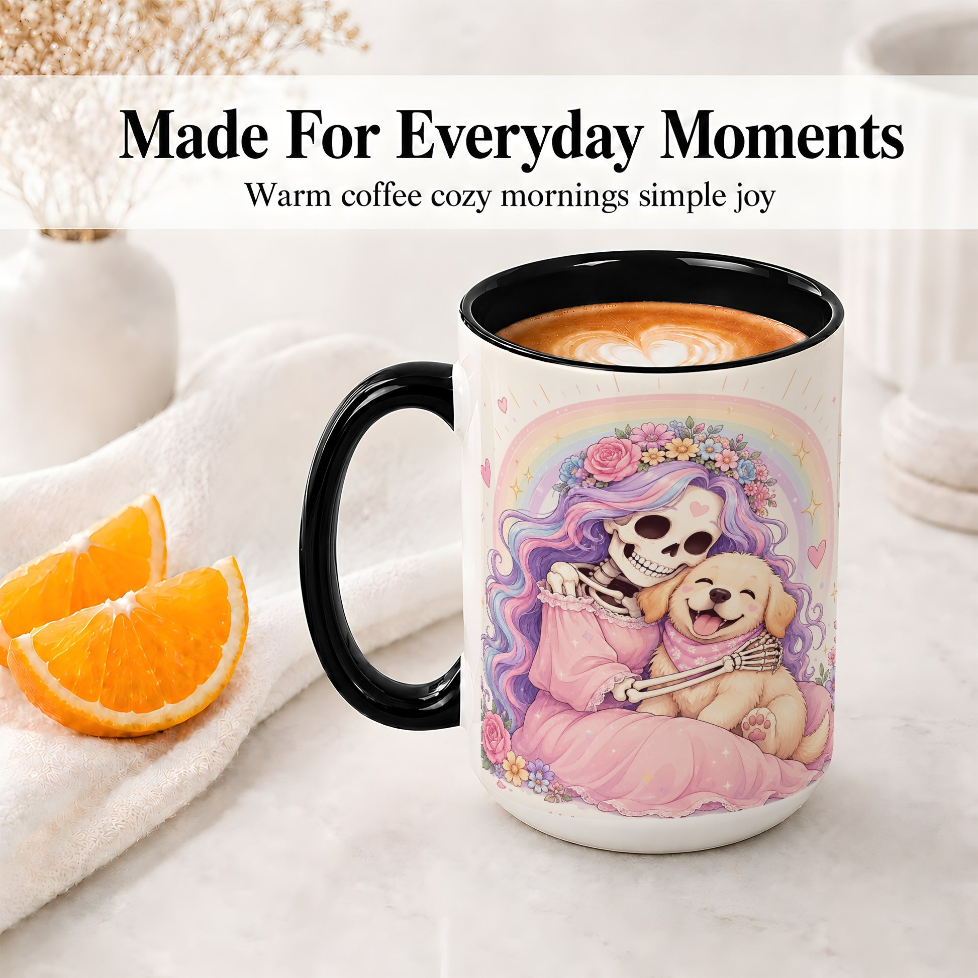 #pl[15oz|Black] Pastel Skeleton Dog Ceramic Mug, Floral Rainbow Art for Dog Lovers
