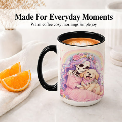 #pl[15oz|Black] Pastel Skeleton Dog Ceramic Mug, Floral Rainbow Art for Dog Lovers