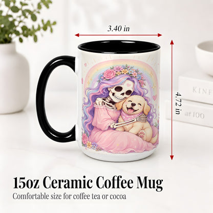 #pl[15oz|Black] Pastel Skeleton Dog Ceramic Mug, Floral Rainbow Art for Dog Lovers