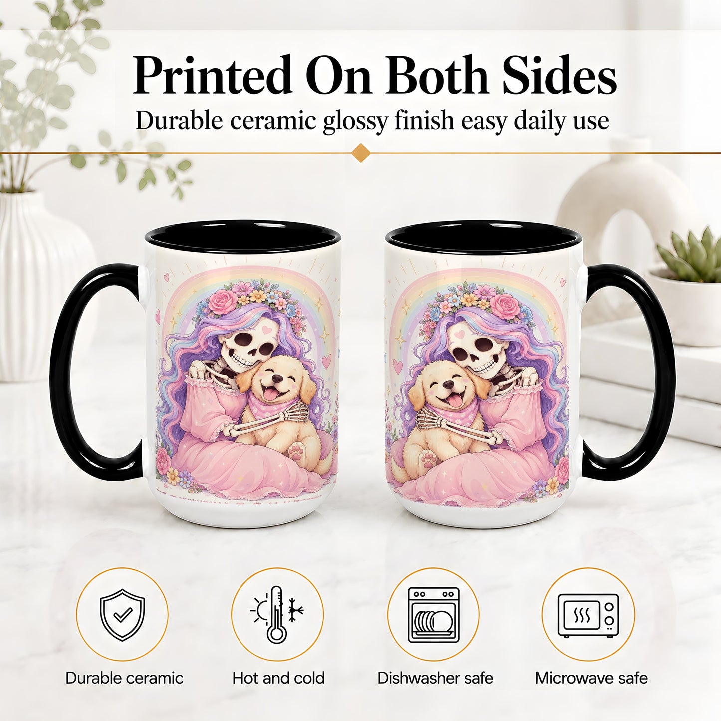 #pl[15oz|Black] Pastel Skeleton Dog Ceramic Mug, Floral Rainbow Art for Dog Lovers