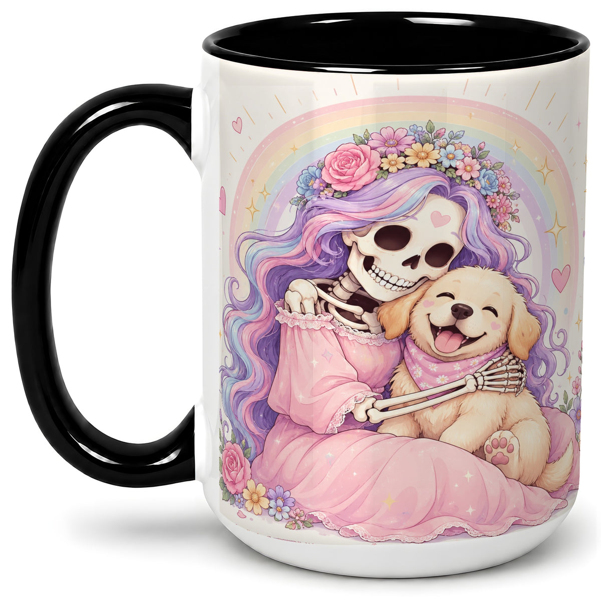 #pl[15oz|Black] Pastel Skeleton Dog Ceramic Mug, Floral Rainbow Art for Dog Lovers