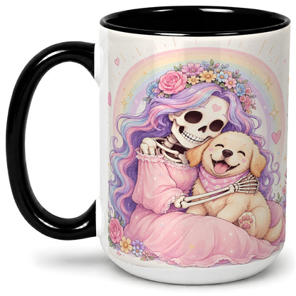 #pl[15oz|Black] Pastel Skeleton Dog Ceramic Mug, Floral Rainbow Art for Dog Lovers