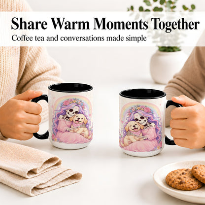 #pl[15oz|Black] Pastel Skeleton Dog Ceramic Mug, Floral Rainbow Art for Dog Lovers