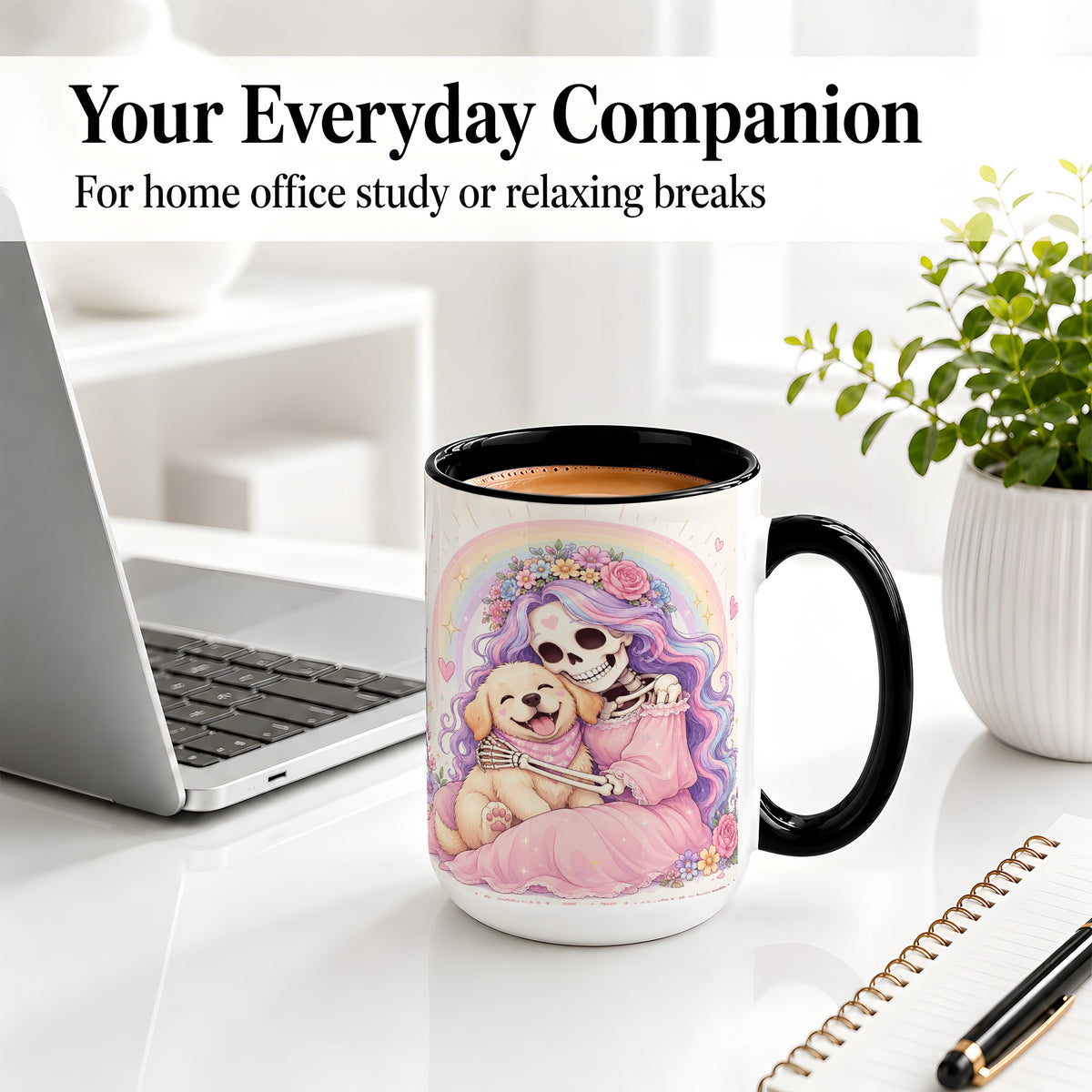 #pl[15oz|Black] Pastel Skeleton Dog Ceramic Mug, Floral Rainbow Art for Dog Lovers