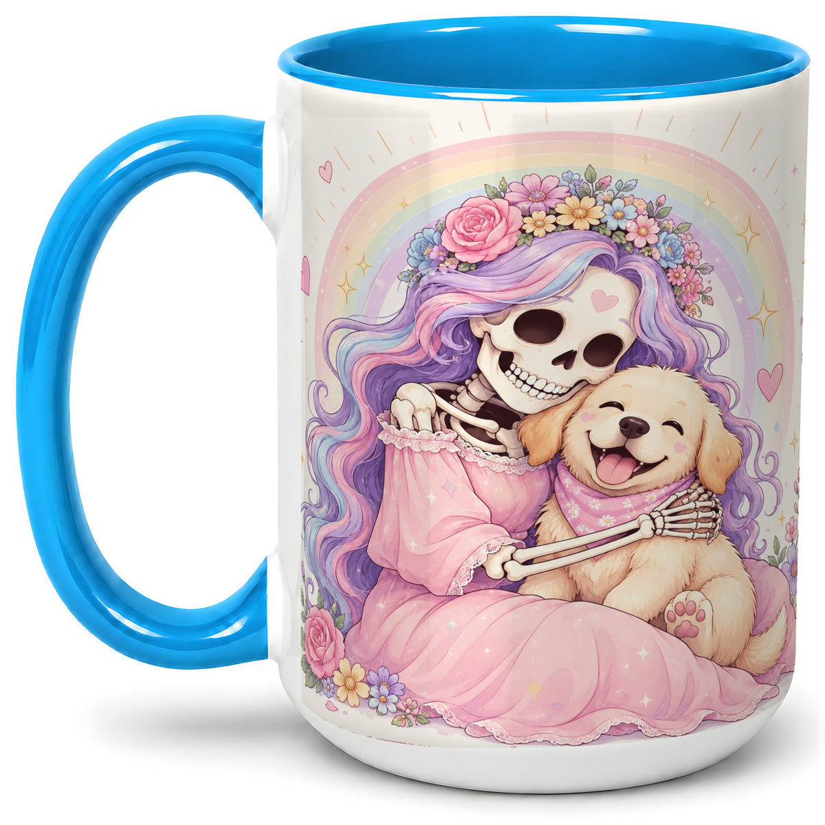 #pl[15oz|Blue] Pastel Skeleton Dog Ceramic Mug, Floral Rainbow Art for Dog Lovers