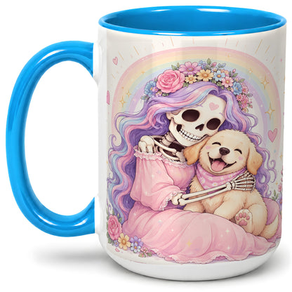 #pl[15oz|Blue] Pastel Skeleton Dog Ceramic Mug, Floral Rainbow Art for Dog Lovers