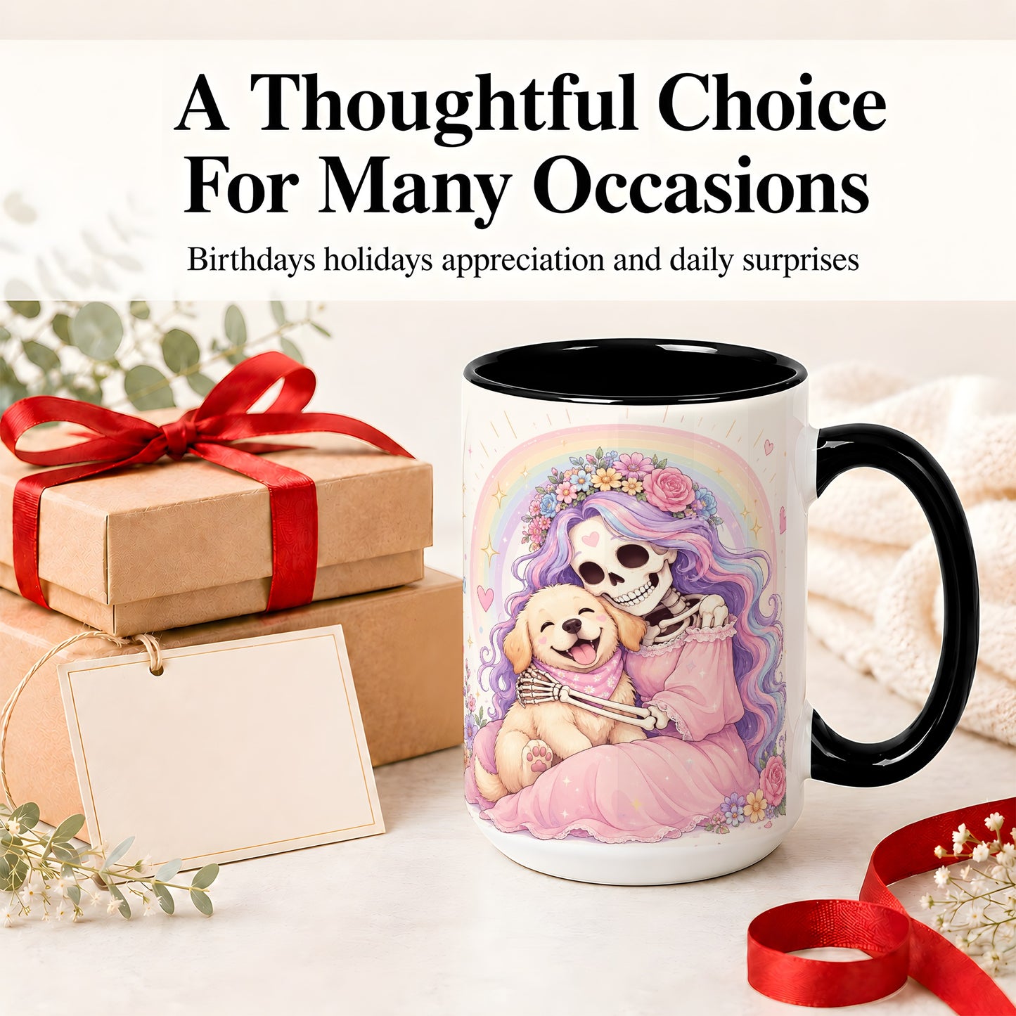 #pl[15oz|Black] Pastel Skeleton Dog Ceramic Mug, Floral Rainbow Art for Dog Lovers