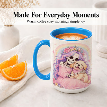 #pl[15oz|Blue] Pastel Skeleton Dog Ceramic Mug, Floral Rainbow Art for Dog Lovers