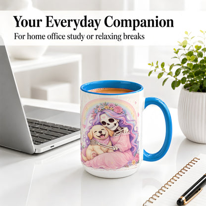 #pl[15oz|Blue] Pastel Skeleton Dog Ceramic Mug, Floral Rainbow Art for Dog Lovers