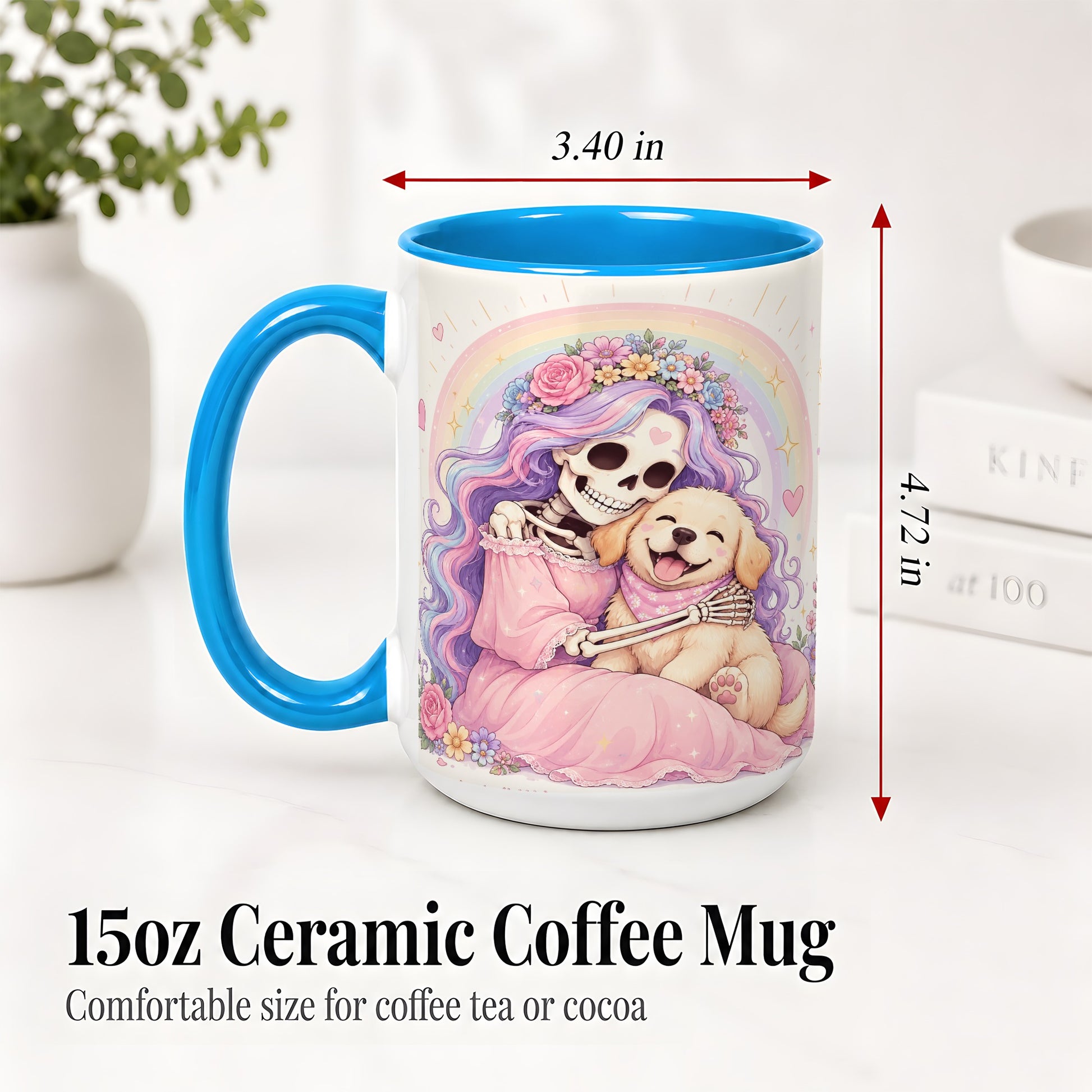 #pl[15oz|Blue] Pastel Skeleton Dog Ceramic Mug, Floral Rainbow Art for Dog Lovers