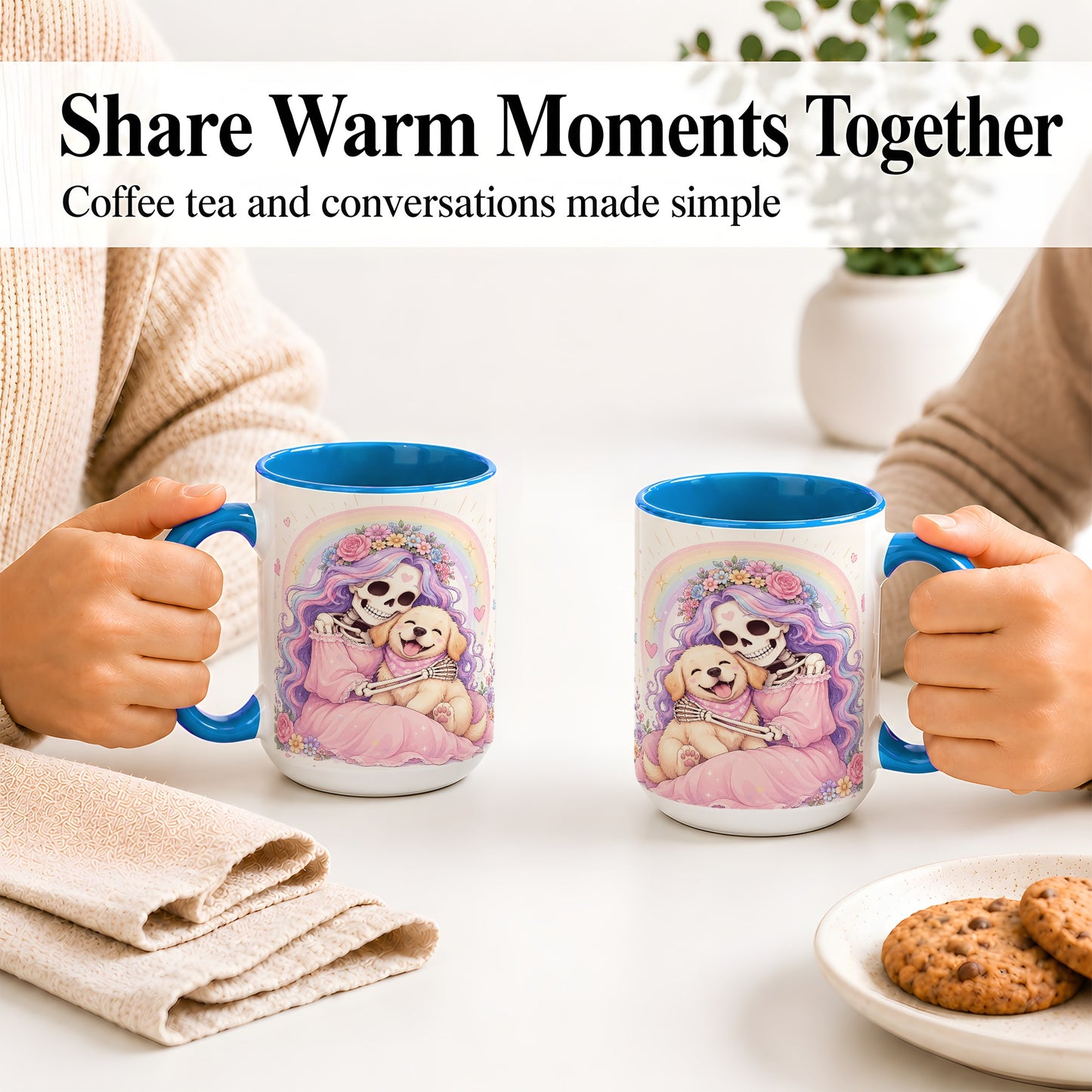 #pl[15oz|Blue] Pastel Skeleton Dog Ceramic Mug, Floral Rainbow Art for Dog Lovers
