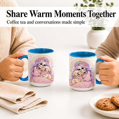 #pl[15oz|Blue] Pastel Skeleton Dog Ceramic Mug, Floral Rainbow Art for Dog Lovers