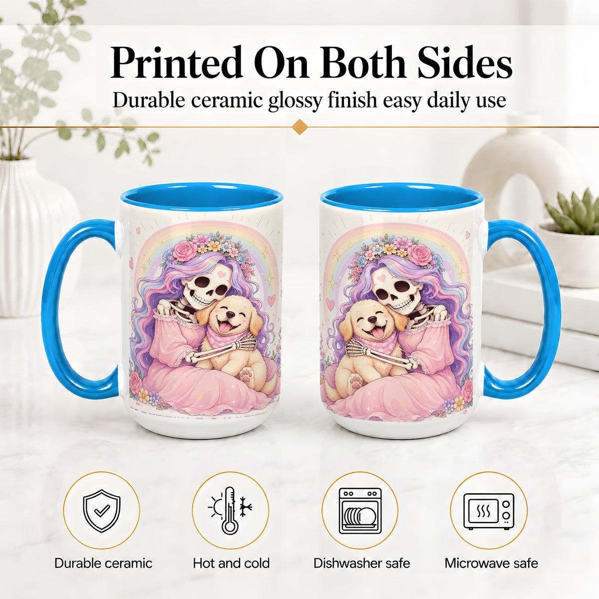 #pl[15oz|Blue] Pastel Skeleton Dog Ceramic Mug, Floral Rainbow Art for Dog Lovers