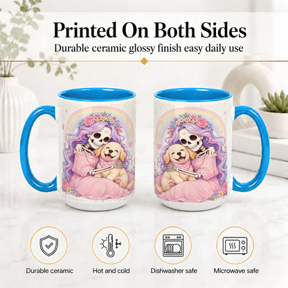 #pl[15oz|Blue] Pastel Skeleton Dog Ceramic Mug, Floral Rainbow Art for Dog Lovers