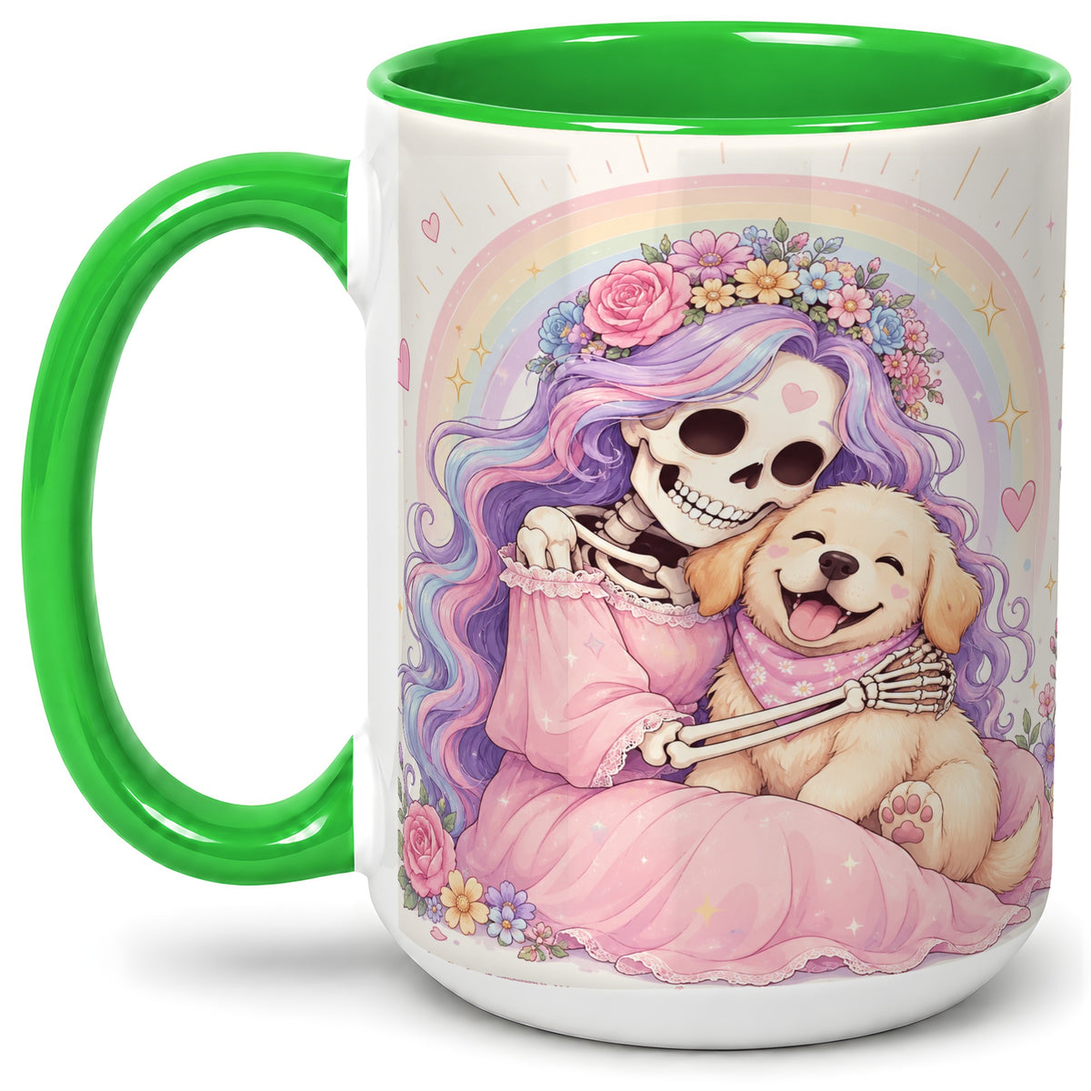 #pl[15oz|Green] Pastel Skeleton Dog Ceramic Mug, Floral Rainbow Art for Dog Lovers