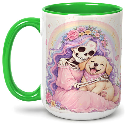 #pl[15oz|Green] Pastel Skeleton Dog Ceramic Mug, Floral Rainbow Art for Dog Lovers