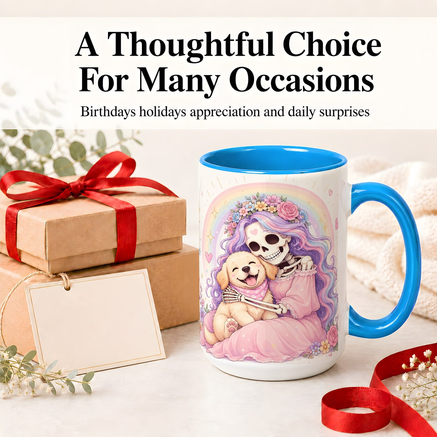 #pl[15oz|Blue] Pastel Skeleton Dog Ceramic Mug, Floral Rainbow Art for Dog Lovers