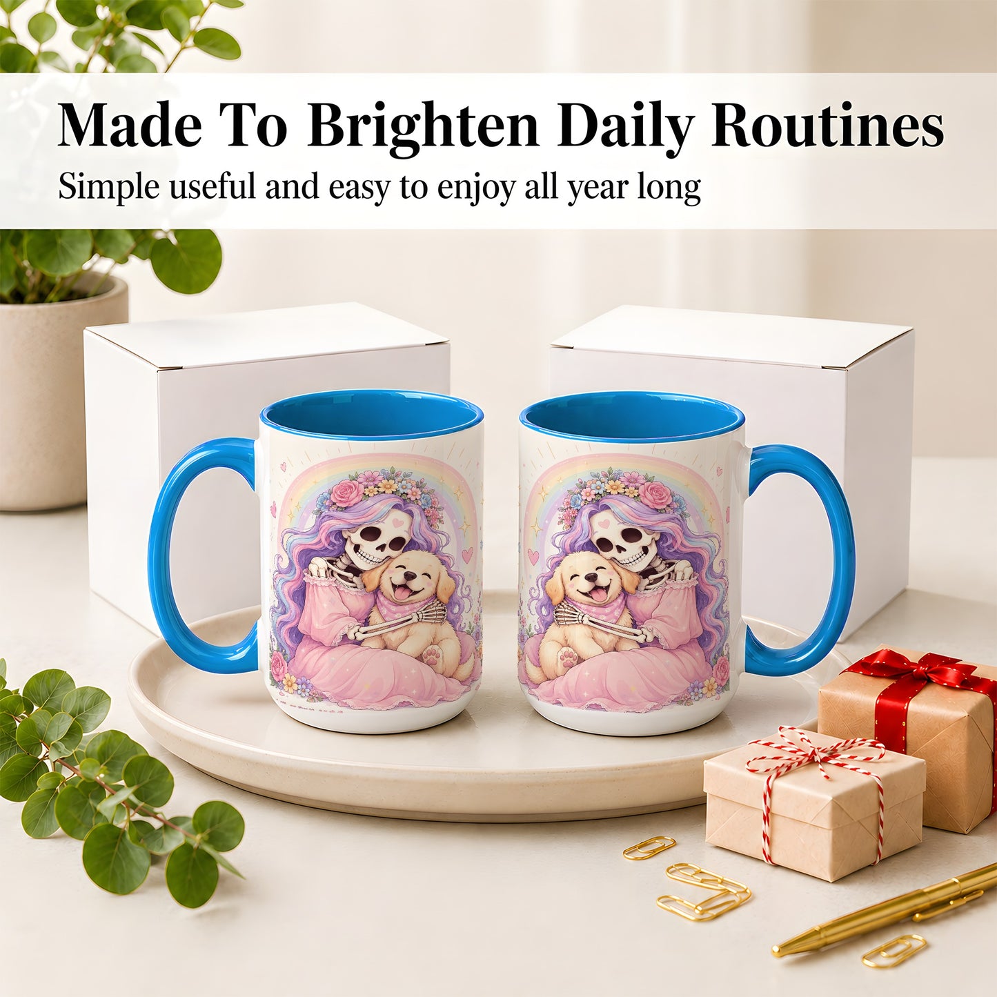 #pl[15oz|Blue] Pastel Skeleton Dog Ceramic Mug, Floral Rainbow Art for Dog Lovers