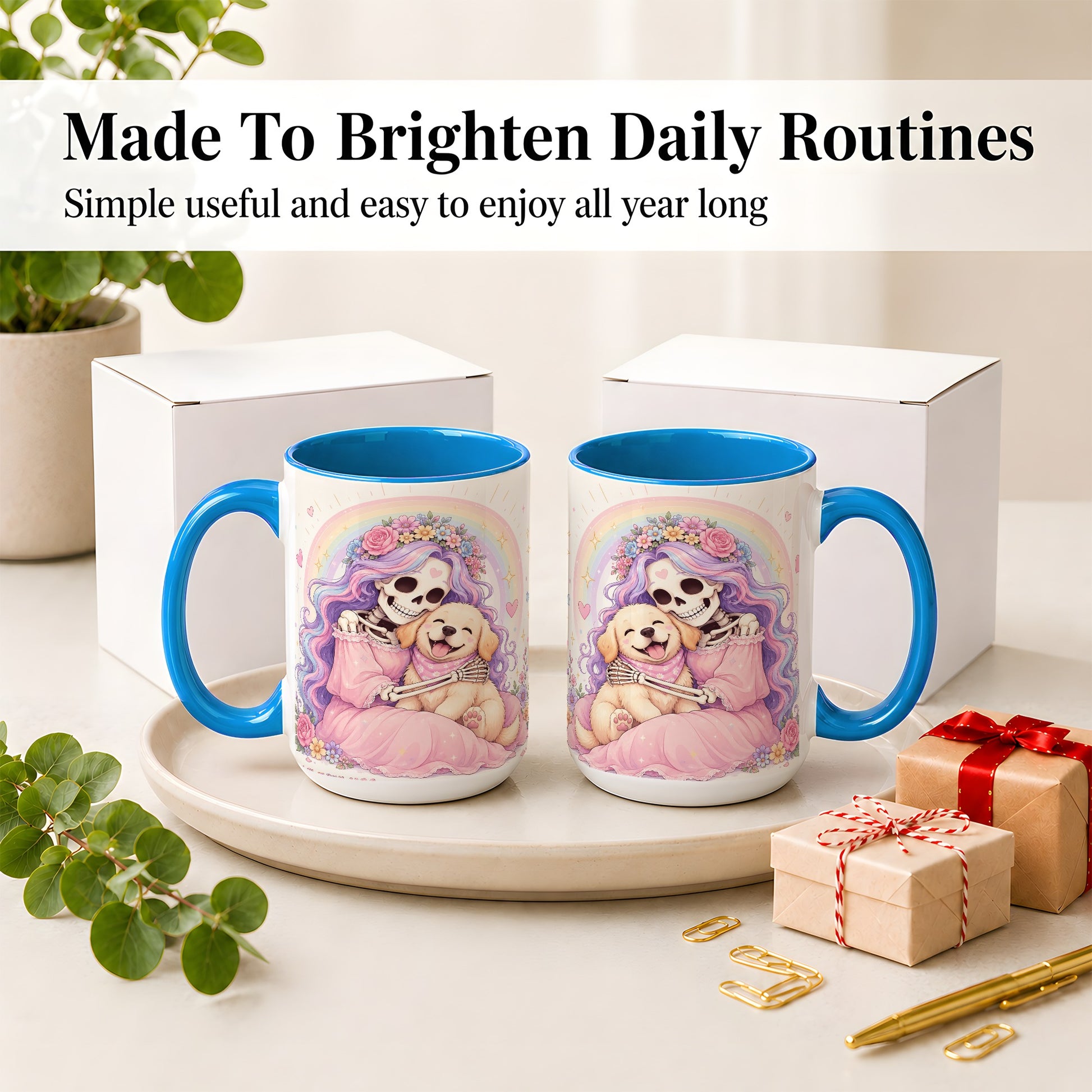 #pl[15oz|Blue] Pastel Skeleton Dog Ceramic Mug, Floral Rainbow Art for Dog Lovers