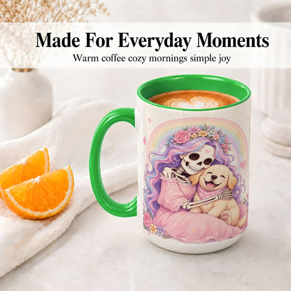 #pl[15oz|Green] Pastel Skeleton Dog Ceramic Mug, Floral Rainbow Art for Dog Lovers