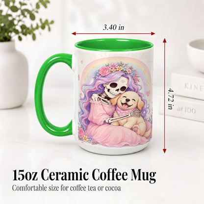 #pl[15oz|Green] Pastel Skeleton Dog Ceramic Mug, Floral Rainbow Art for Dog Lovers