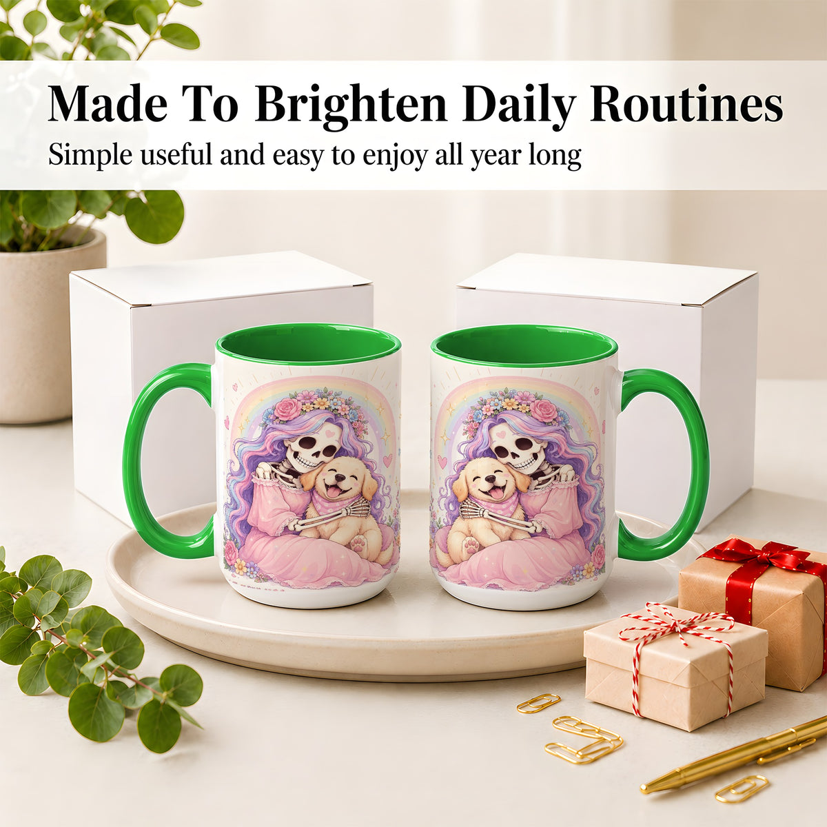 #pl[15oz|Green] Pastel Skeleton Dog Ceramic Mug, Floral Rainbow Art for Dog Lovers