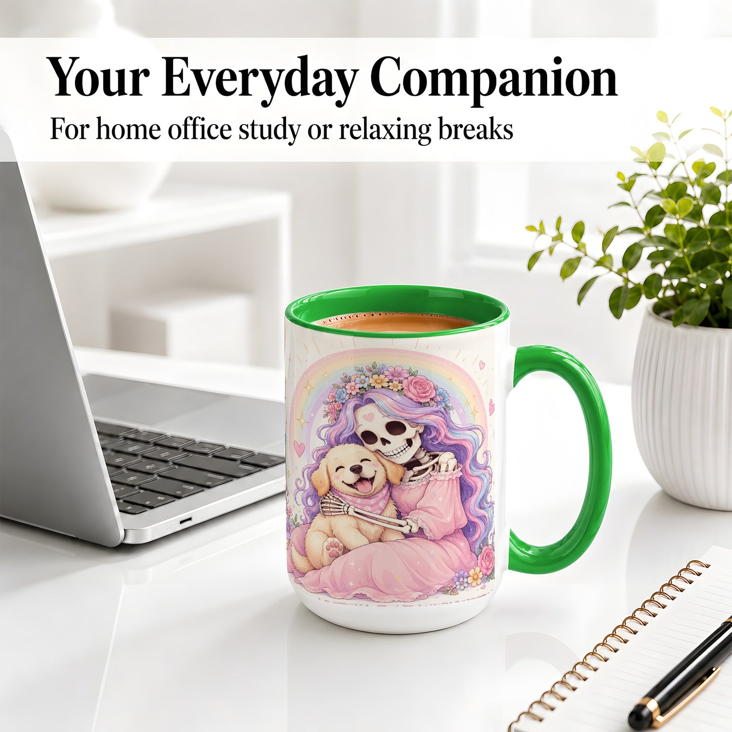 #pl[15oz|Green] Pastel Skeleton Dog Ceramic Mug, Floral Rainbow Art for Dog Lovers