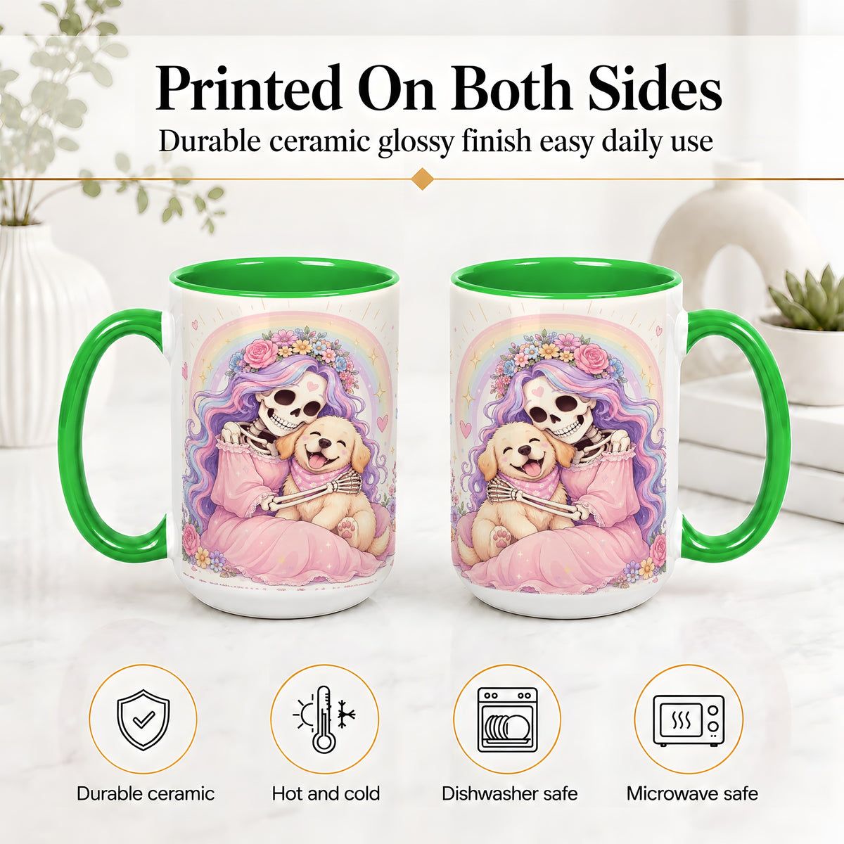 #pl[15oz|Green] Pastel Skeleton Dog Ceramic Mug, Floral Rainbow Art for Dog Lovers