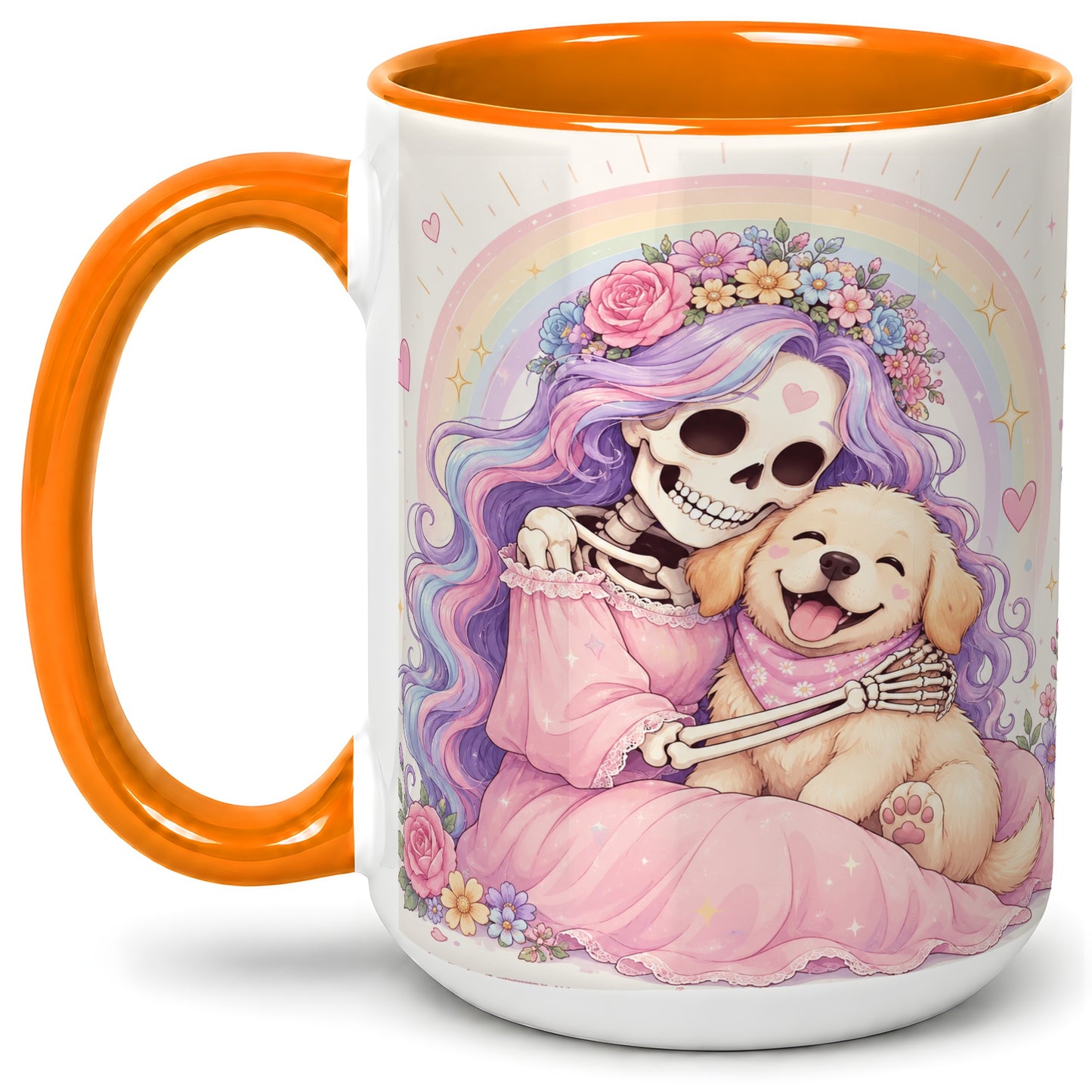 #pl[15oz|Orange] Pastel Skeleton Dog Ceramic Mug, Floral Rainbow Art for Dog Lovers