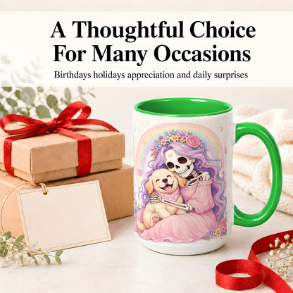 #pl[15oz|Green] Pastel Skeleton Dog Ceramic Mug, Floral Rainbow Art for Dog Lovers