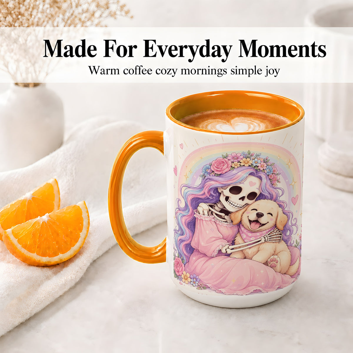 #pl[15oz|Orange] Pastel Skeleton Dog Ceramic Mug, Floral Rainbow Art for Dog Lovers