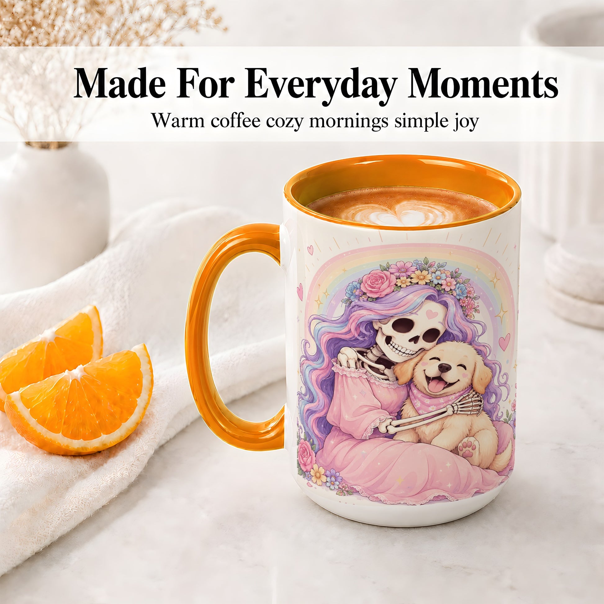 #pl[15oz|Orange] Pastel Skeleton Dog Ceramic Mug, Floral Rainbow Art for Dog Lovers