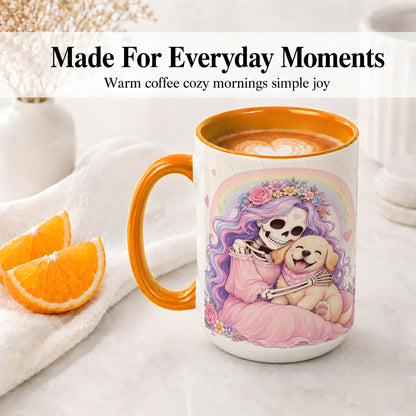 #pl[15oz|Orange] Pastel Skeleton Dog Ceramic Mug, Floral Rainbow Art for Dog Lovers