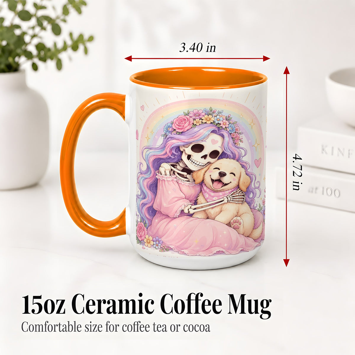 #pl[15oz|Orange] Pastel Skeleton Dog Ceramic Mug, Floral Rainbow Art for Dog Lovers