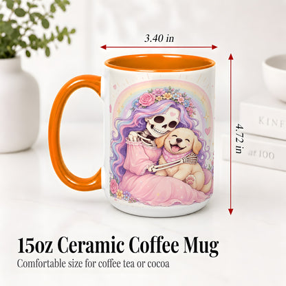 #pl[15oz|Orange] Pastel Skeleton Dog Ceramic Mug, Floral Rainbow Art for Dog Lovers