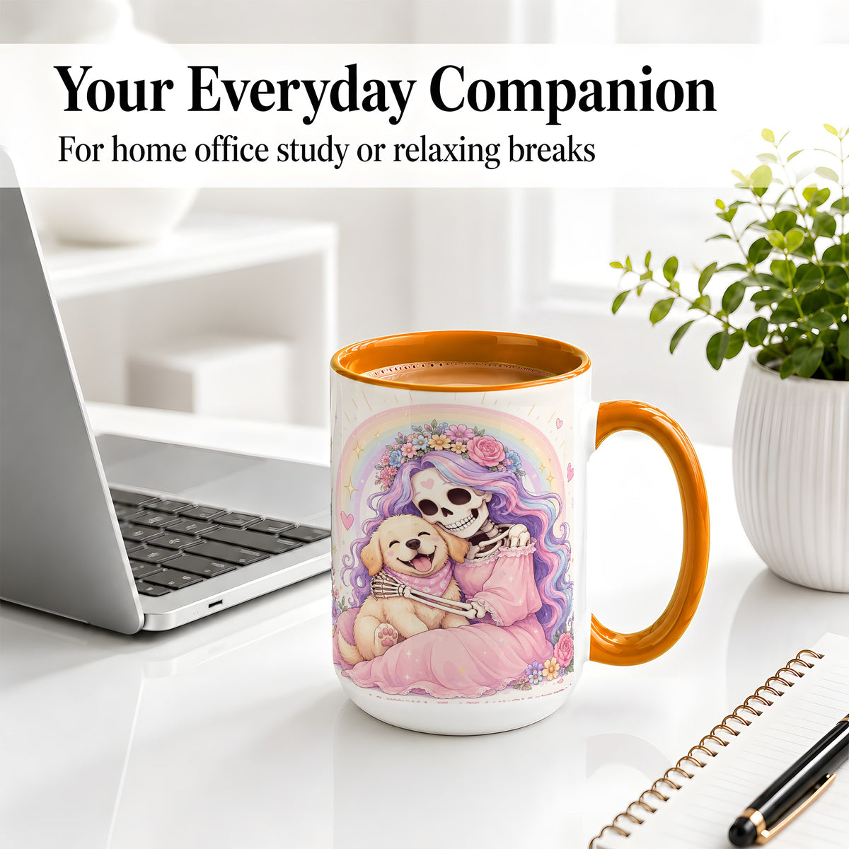 #pl[15oz|Orange] Pastel Skeleton Dog Ceramic Mug, Floral Rainbow Art for Dog Lovers