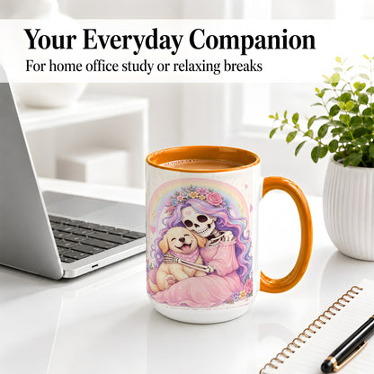 #pl[15oz|Orange] Pastel Skeleton Dog Ceramic Mug, Floral Rainbow Art for Dog Lovers