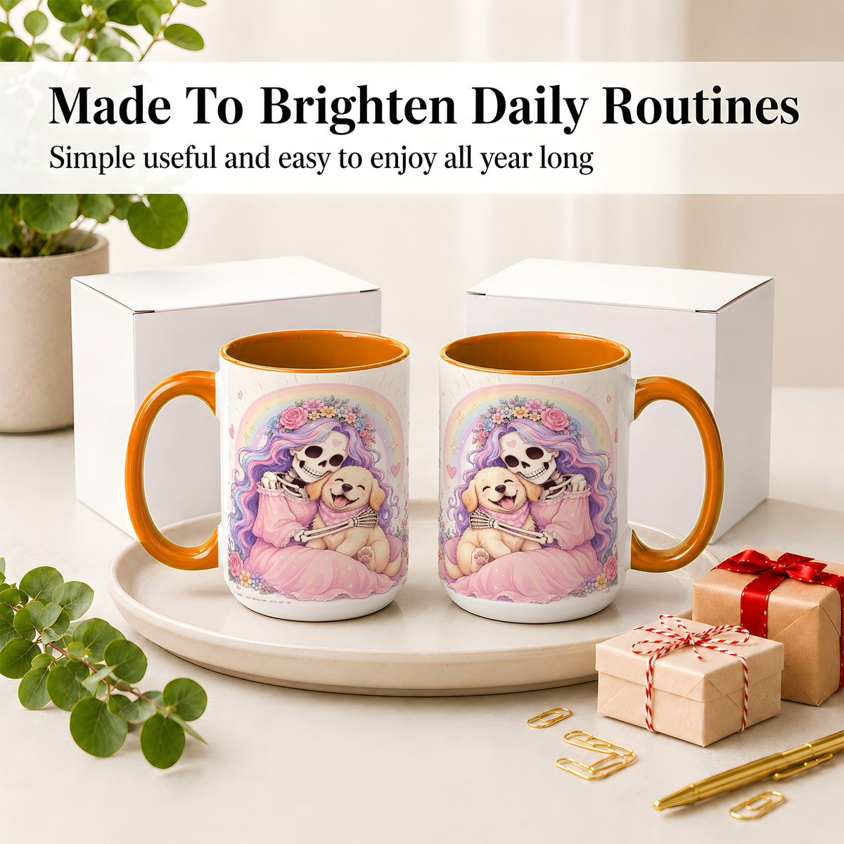 #pl[15oz|Orange] Pastel Skeleton Dog Ceramic Mug, Floral Rainbow Art for Dog Lovers