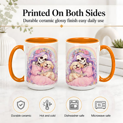 #pl[15oz|Orange] Pastel Skeleton Dog Ceramic Mug, Floral Rainbow Art for Dog Lovers