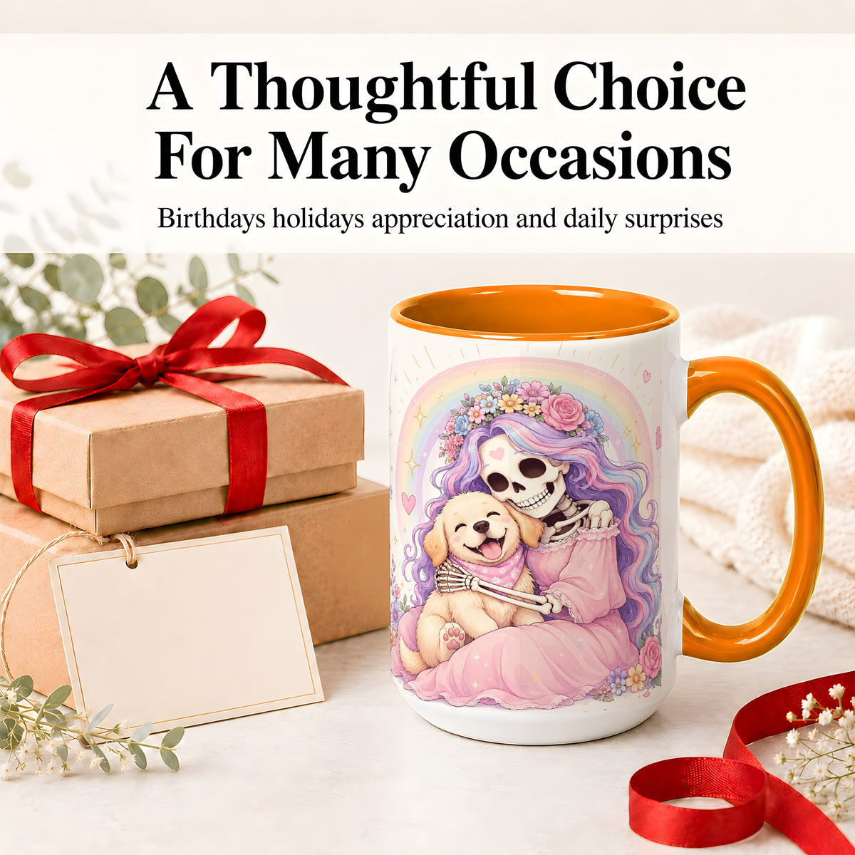 #pl[15oz|Orange] Pastel Skeleton Dog Ceramic Mug, Floral Rainbow Art for Dog Lovers