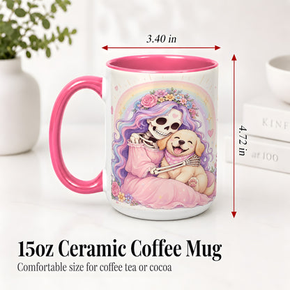 #pl[15oz|Pink] Pastel Skeleton Dog Ceramic Mug, Floral Rainbow Art for Dog Lovers