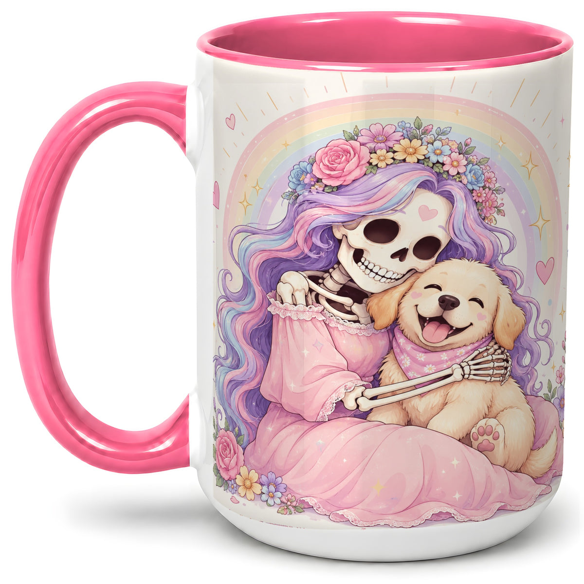 #pl[15oz|Pink] Pastel Skeleton Dog Ceramic Mug, Floral Rainbow Art for Dog Lovers