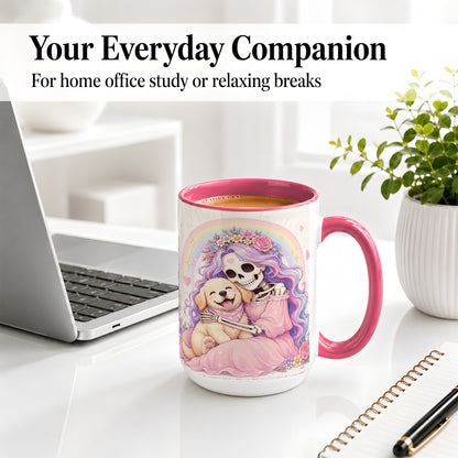#pl[15oz|Pink] Pastel Skeleton Dog Ceramic Mug, Floral Rainbow Art for Dog Lovers