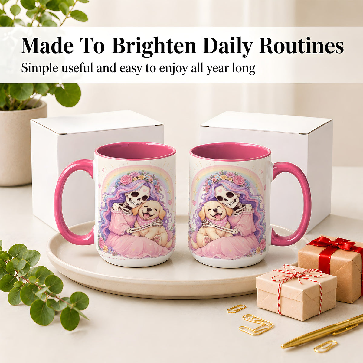 #pl[15oz|Pink] Pastel Skeleton Dog Ceramic Mug, Floral Rainbow Art for Dog Lovers