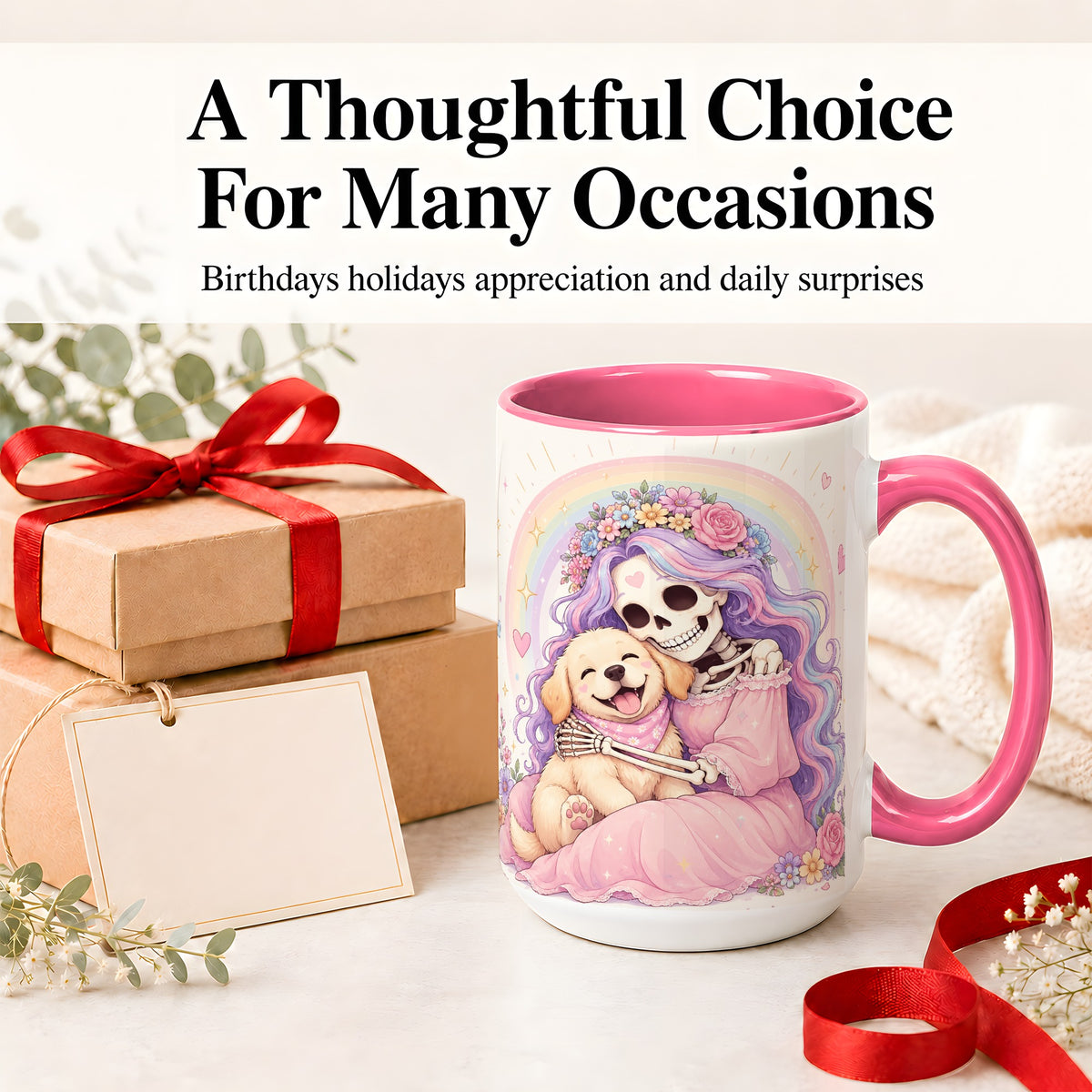 #pl[15oz|Pink] Pastel Skeleton Dog Ceramic Mug, Floral Rainbow Art for Dog Lovers