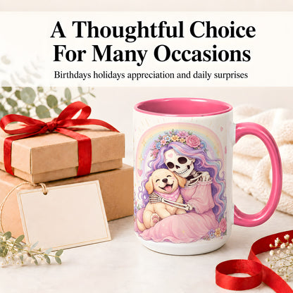 #pl[15oz|Pink] Pastel Skeleton Dog Ceramic Mug, Floral Rainbow Art for Dog Lovers