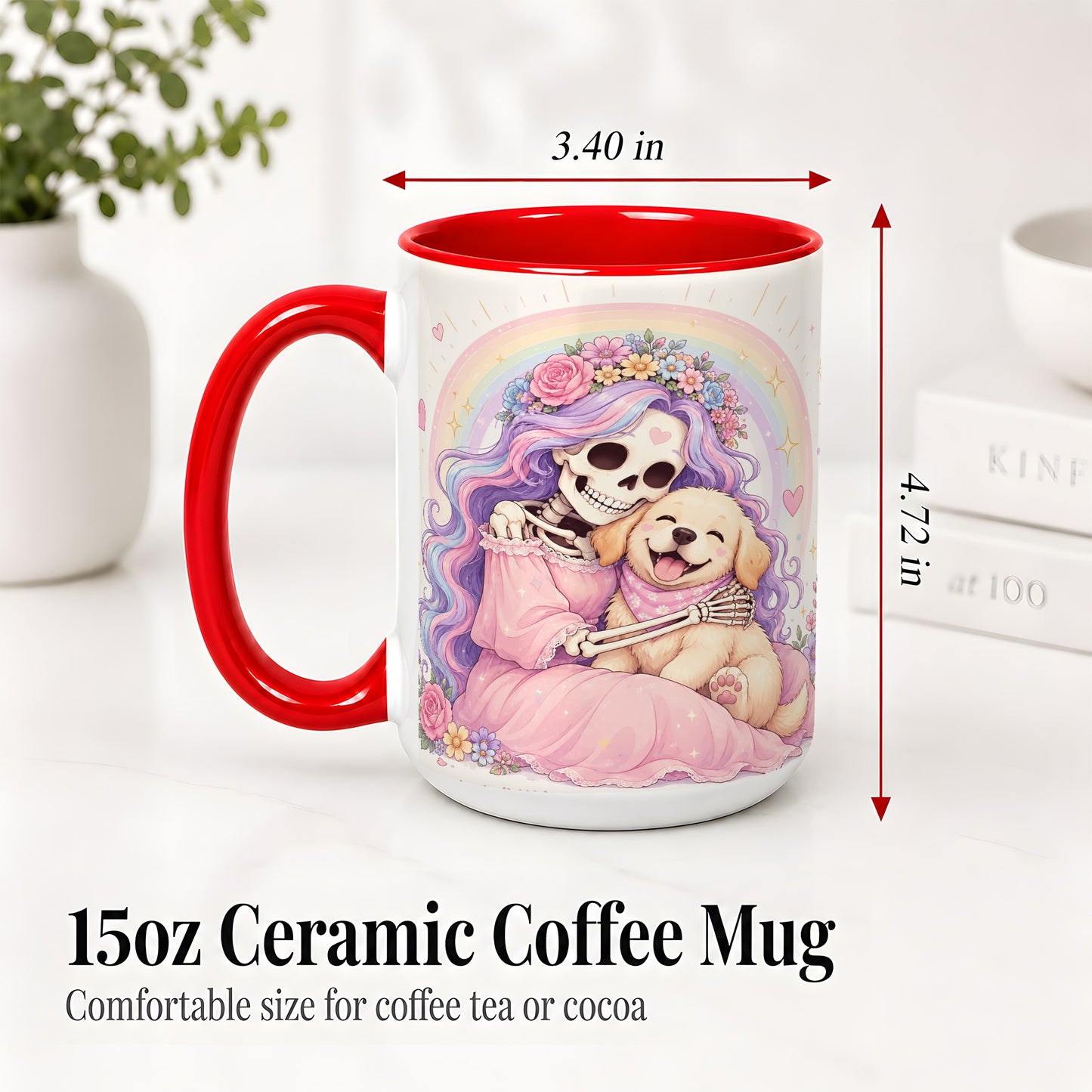#pl[15oz|Red] Pastel Skeleton Dog Ceramic Mug, Floral Rainbow Art for Dog Lovers