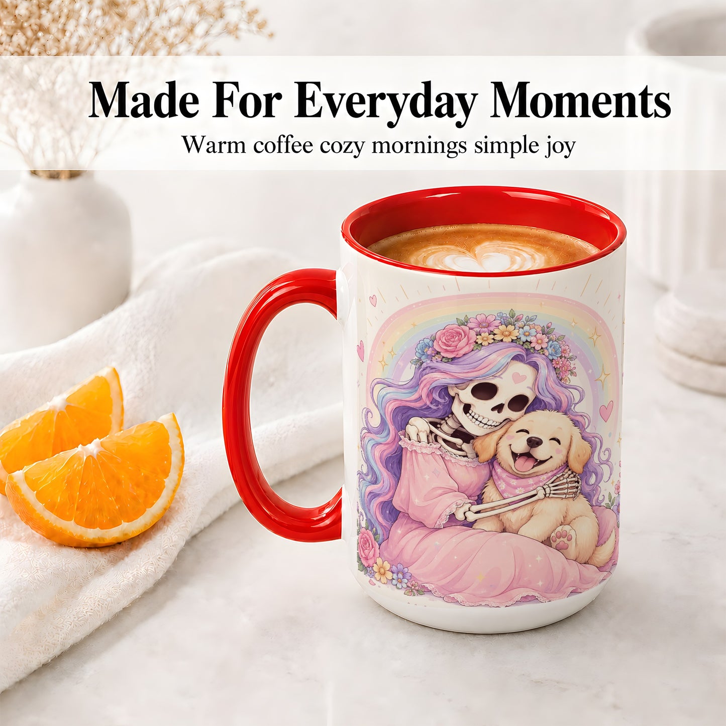 #pl[15oz|Red] Pastel Skeleton Dog Ceramic Mug, Floral Rainbow Art for Dog Lovers