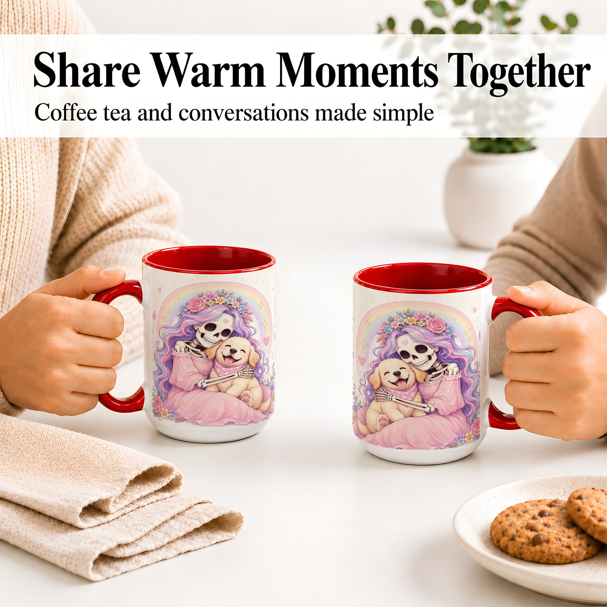 #pl[15oz|Red] Pastel Skeleton Dog Ceramic Mug, Floral Rainbow Art for Dog Lovers